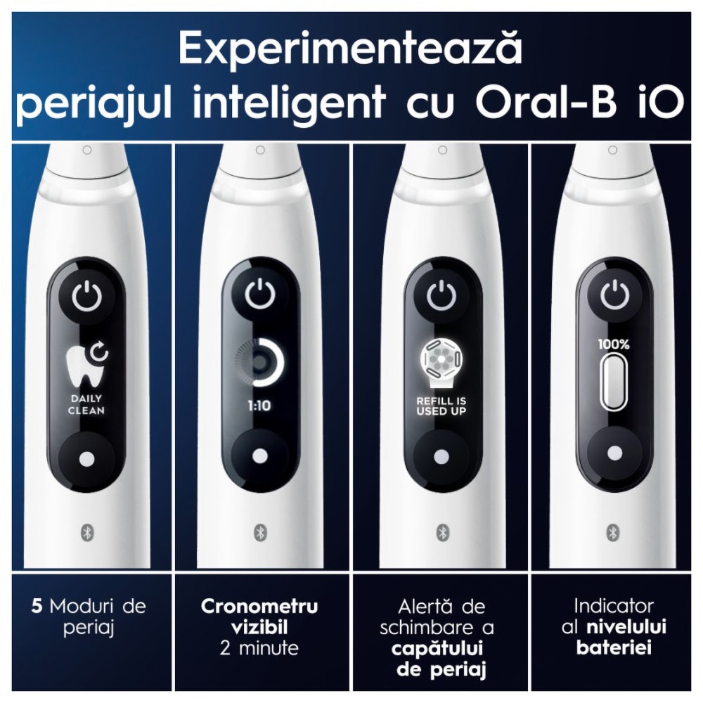 Set 2 Periute de dinti electrice ORAL-B iO7, Tehnologie Magnetica si Micro-Vibratii, 8800 pulsatii/min, 5 moduri, 2 capete, trusa de calatorie, alb/negru