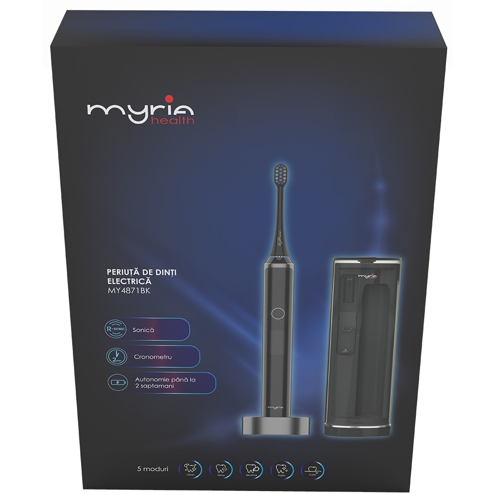 Periuta de dinti electrica MYRIA MY4871BK, 5 programe, 3 capete, negru