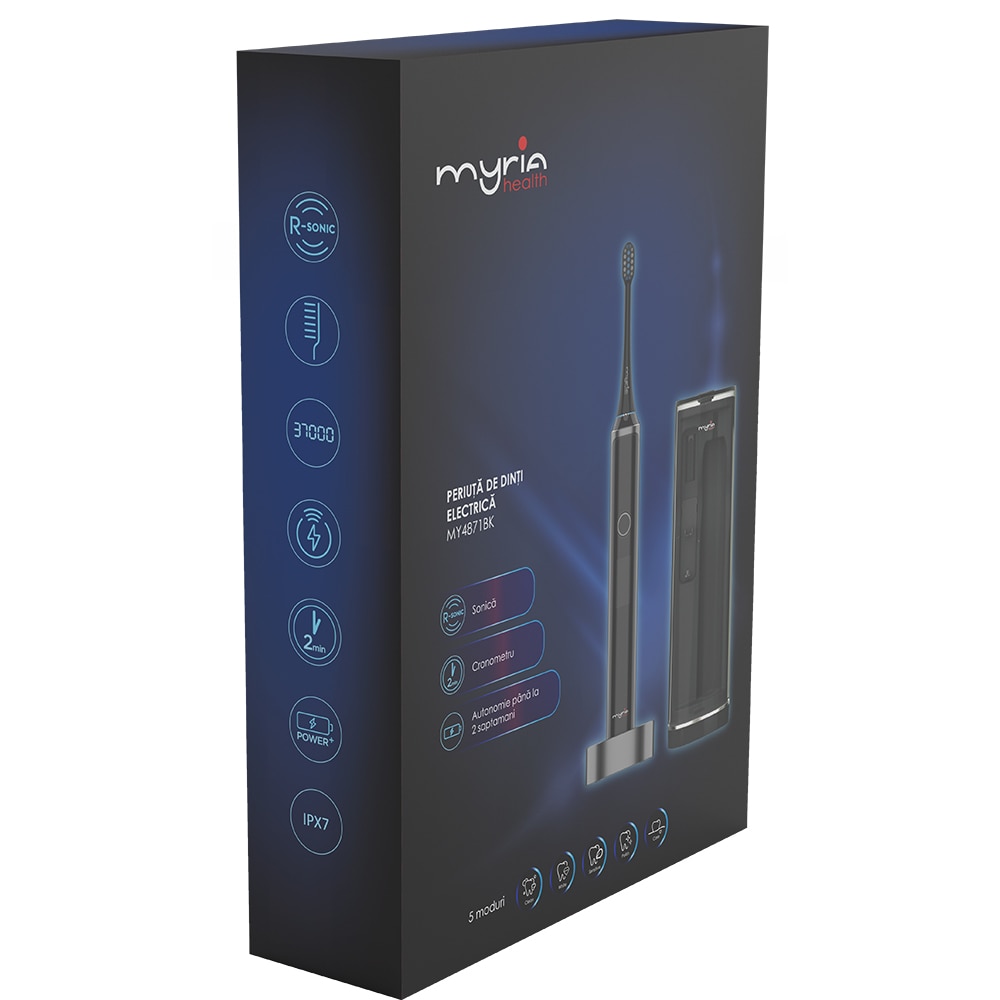 Periuta de dinti electrica MYRIA MY4871BK, 5 programe, 3 capete, negru