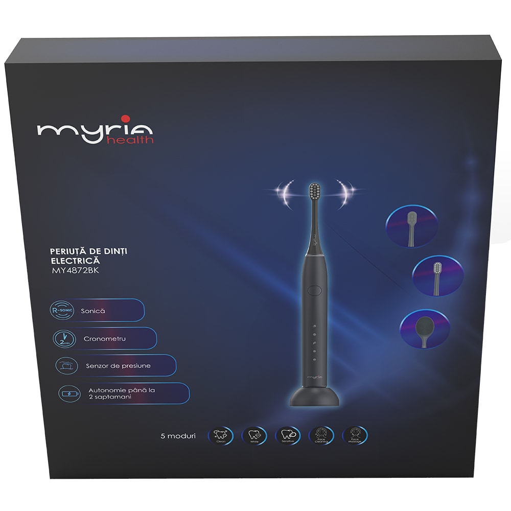Periuta de dinti electrica MYRIA MY4872BK, 5 programe, 4 capete, negru
