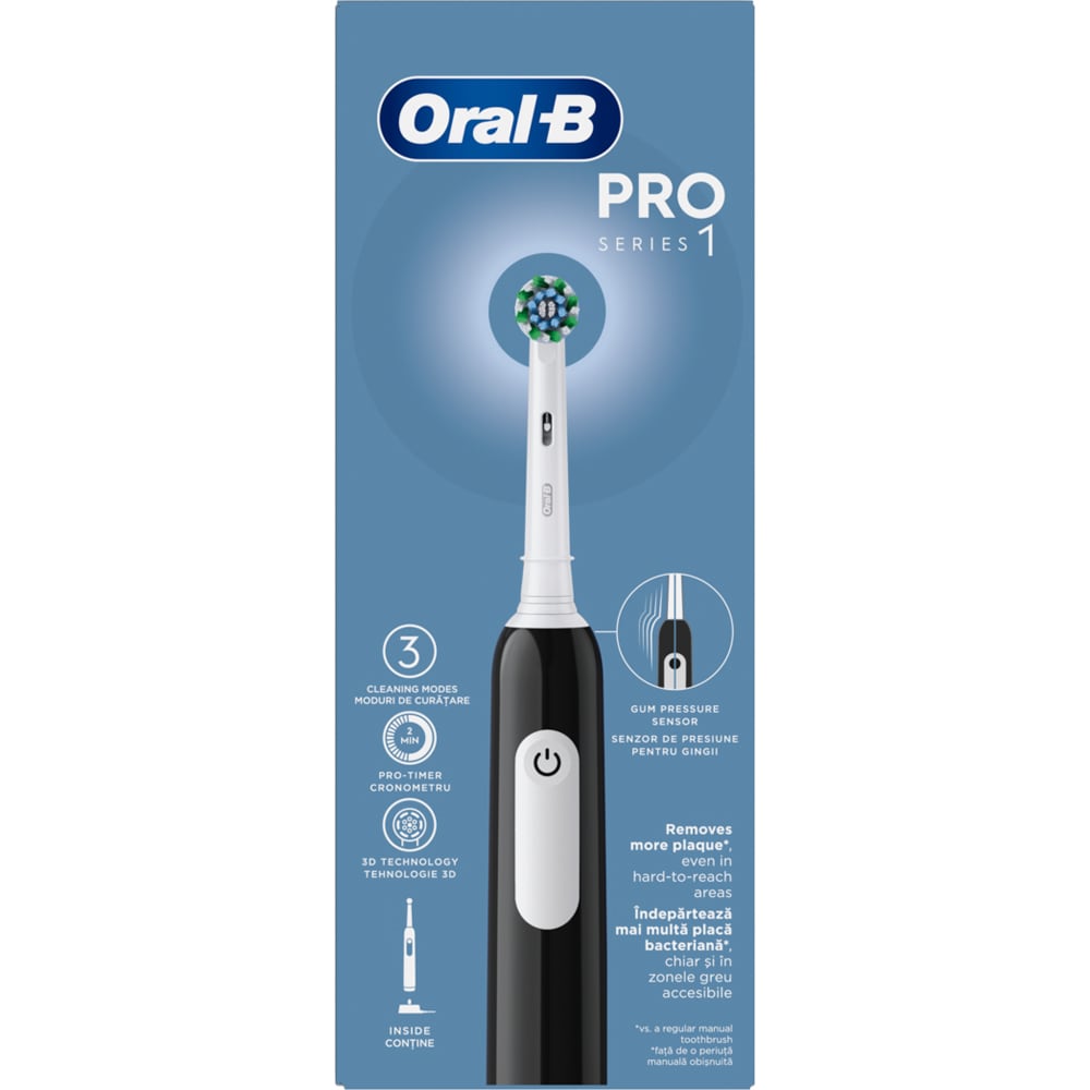 Periuta de dinti electrica ORAL-B Pro 1, 20000 pulsatii/min, Curatare 3D, Timer, 3 programe, 1 capat, negru