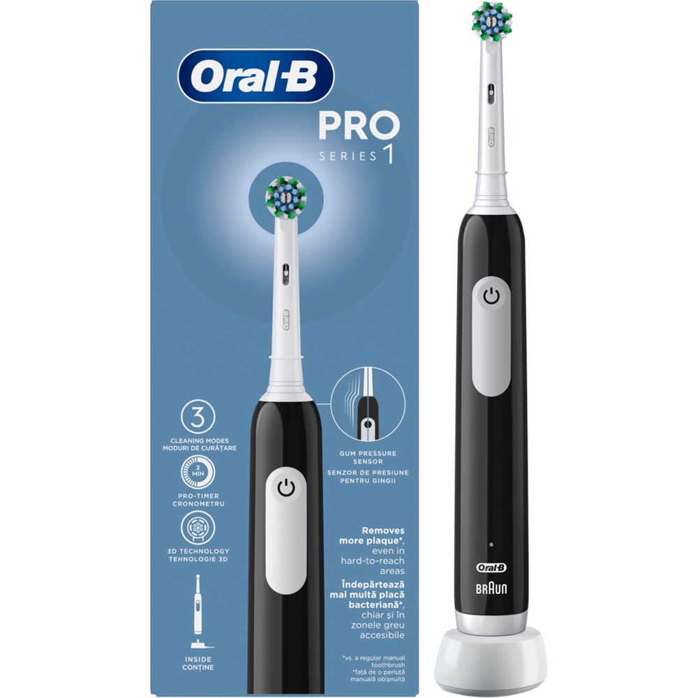 Periuta de dinti electrica ORAL-B Pro 1, 20000 pulsatii/min, Curatare 3D, Timer, 3 programe, 1 capat, negru