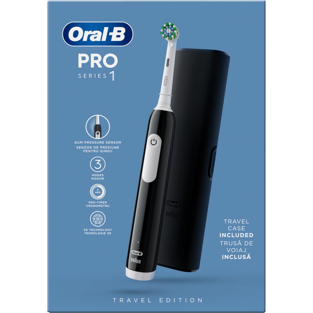 Periuta de dinti electrica ORAL-B Pro 1, 20000 pulsatii/min, Curatare 3D, Timer, 3 programe, 1 capat, negru