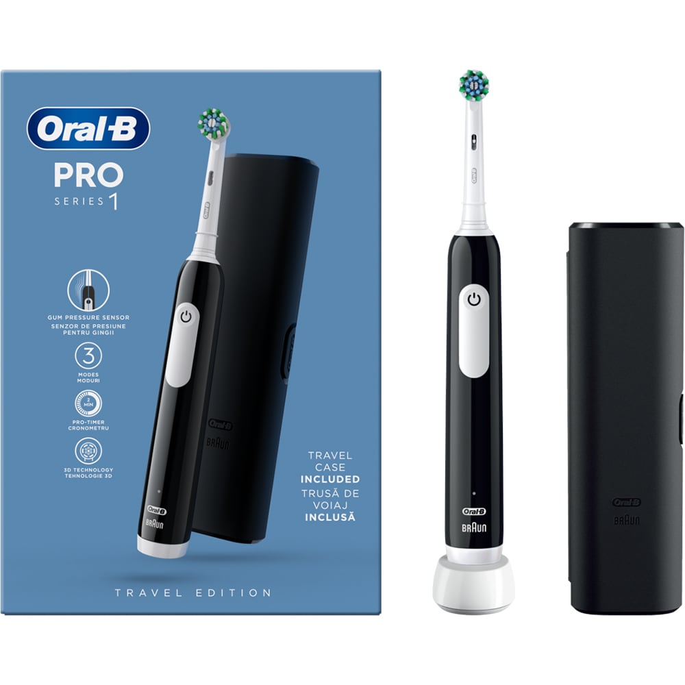 Periuta de dinti electrica ORAL-B Pro 1, 20000 pulsatii/min, Curatare 3D, Timer, 3 programe, 1 capat, negru