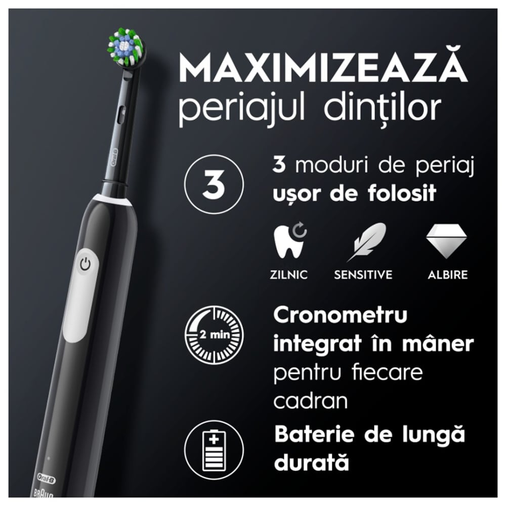 Periuta de dinti electrica ORAL-B Pro 1, 20000 pulsatii/min, Curatare 3D, Timer, 3 programe, 1 capat, negru