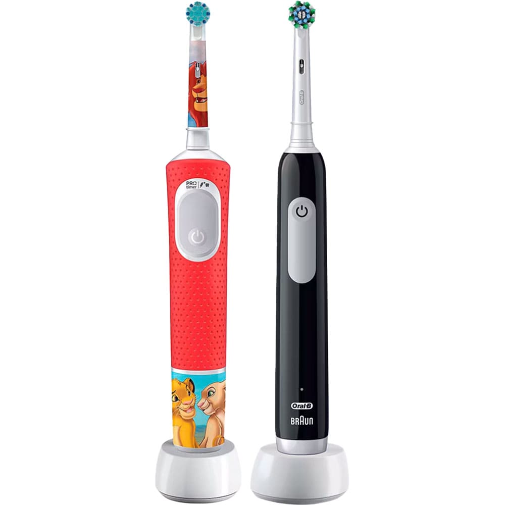 Set Periuta de dinti electrica pentru copii ORAL-B Pro Lion King, 20000 pulsatii/min, Curatare 2D, 2 programe, 1 capat, rosu + Periuta de dinti electrica ORAL-B Pro 1, 1 capat, negru