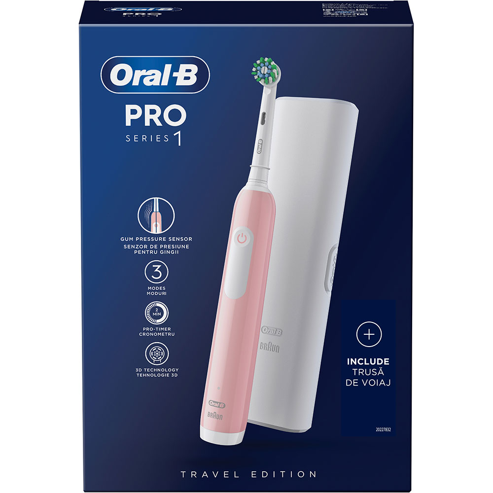 Periuta de dinti electrica ORAL-B Pro 1, 20000 pulsatii/min, Curatare 3D, Timer, 3 programe, 1 capat, roz