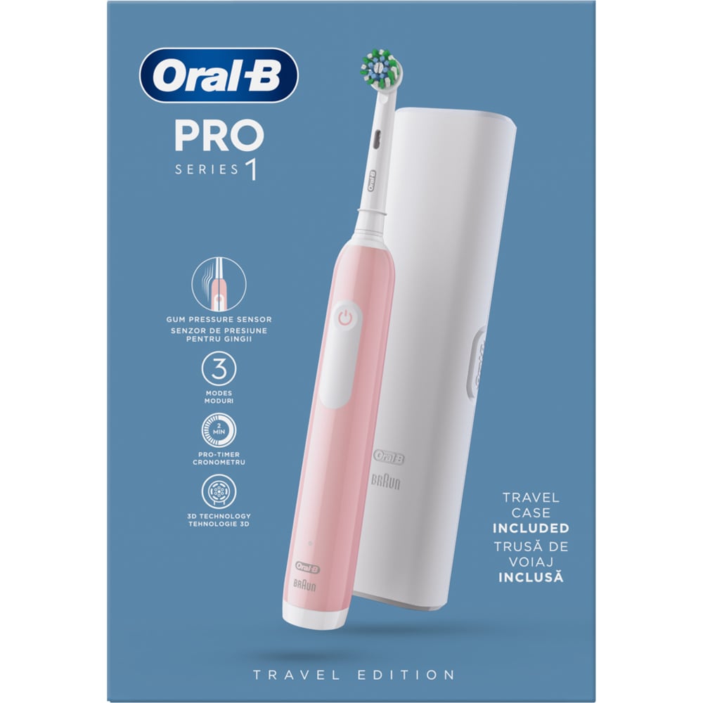 Periuta de dinti electrica ORAL-B Pro 1, 20000 pulsatii/min, Curatare 3D, Timer, 3 programe, 1 capat, roz