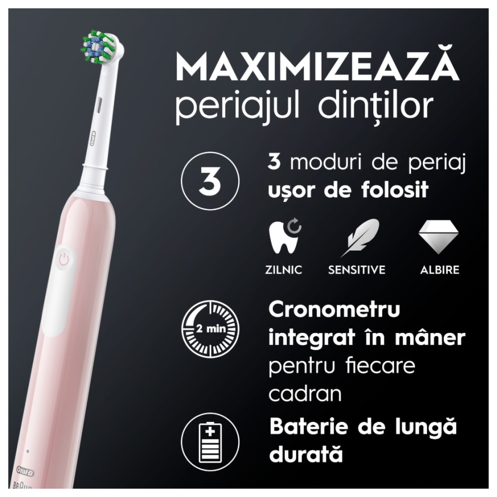 Periuta de dinti electrica ORAL-B Pro 1, 20000 pulsatii/min, Curatare 3D, Timer, 3 programe, 1 capat, roz