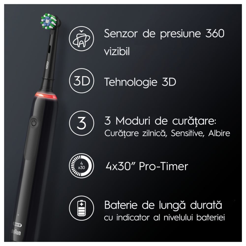 Periuta de dinti electrica ORAL-B Pro 3, 9900 miscari/min, Curatare 3D, 3 programe, 1 capat, negru
