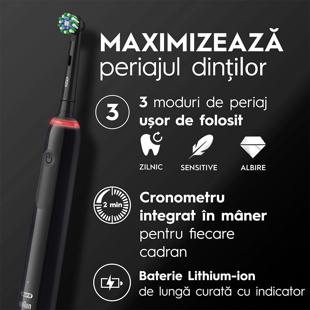 Periuta de dinti electrica ORAL-B Pro 3, 9900 miscari/min, Curatare 3D, 3 programe, 2 capete, negru