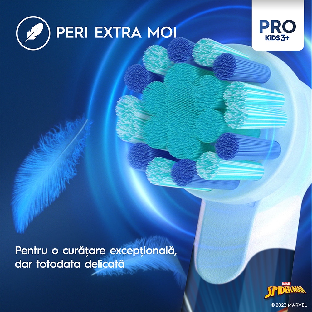 Periuta de dinti electrica copii ORAL-B Pro Kids Spiderman, 7600 miscari/min, Curatare 2D, 2 programe, 1 capat, albastru
