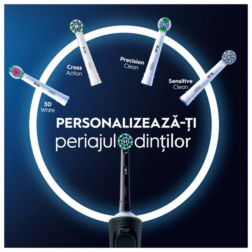 Set 2 periute de dinti electrice ORAL-B Vitality Pro, 7600 oscilatii/min, Curatare 2D, 3 programe, 2 capate, negru-violet