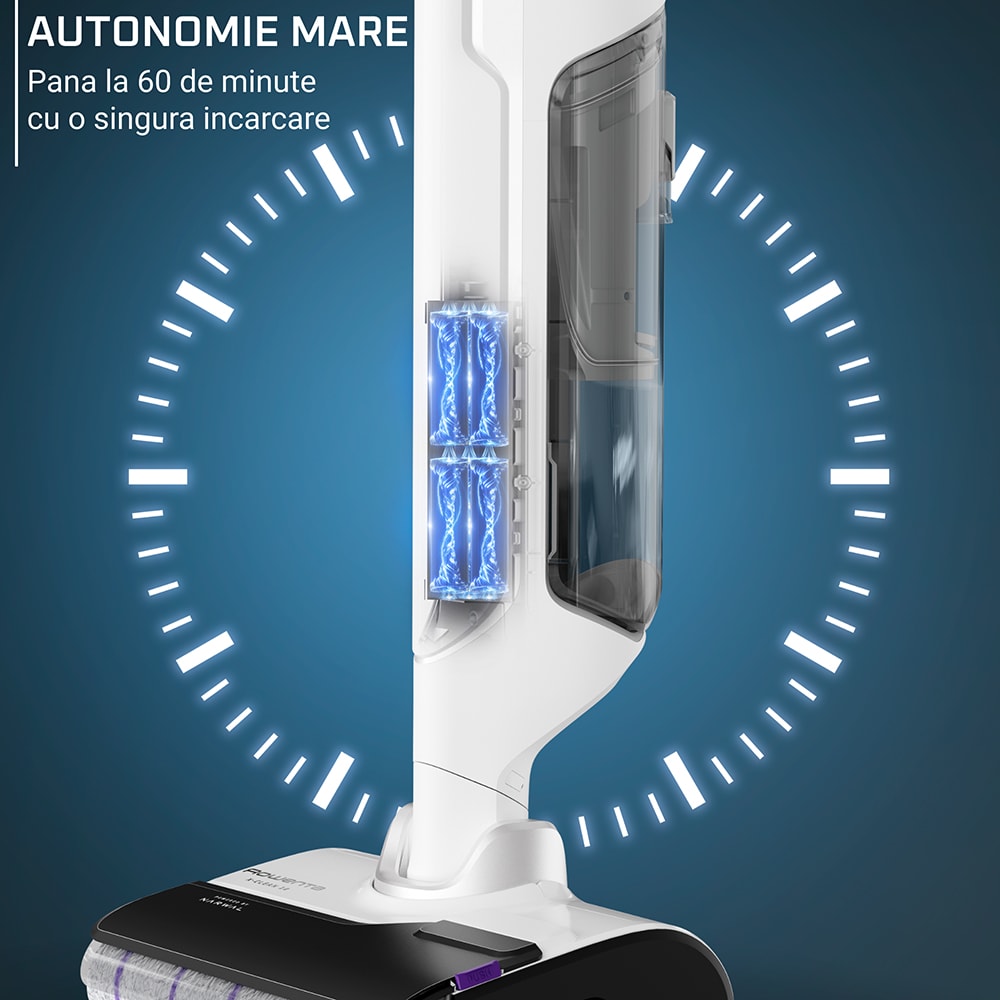 Aspirator vertical cu spalare ROWENTA All In One X-Clean 10 GZ7035WO, 0.79l, 27V, autonomie max 60 min, functie uscare, alb-negru