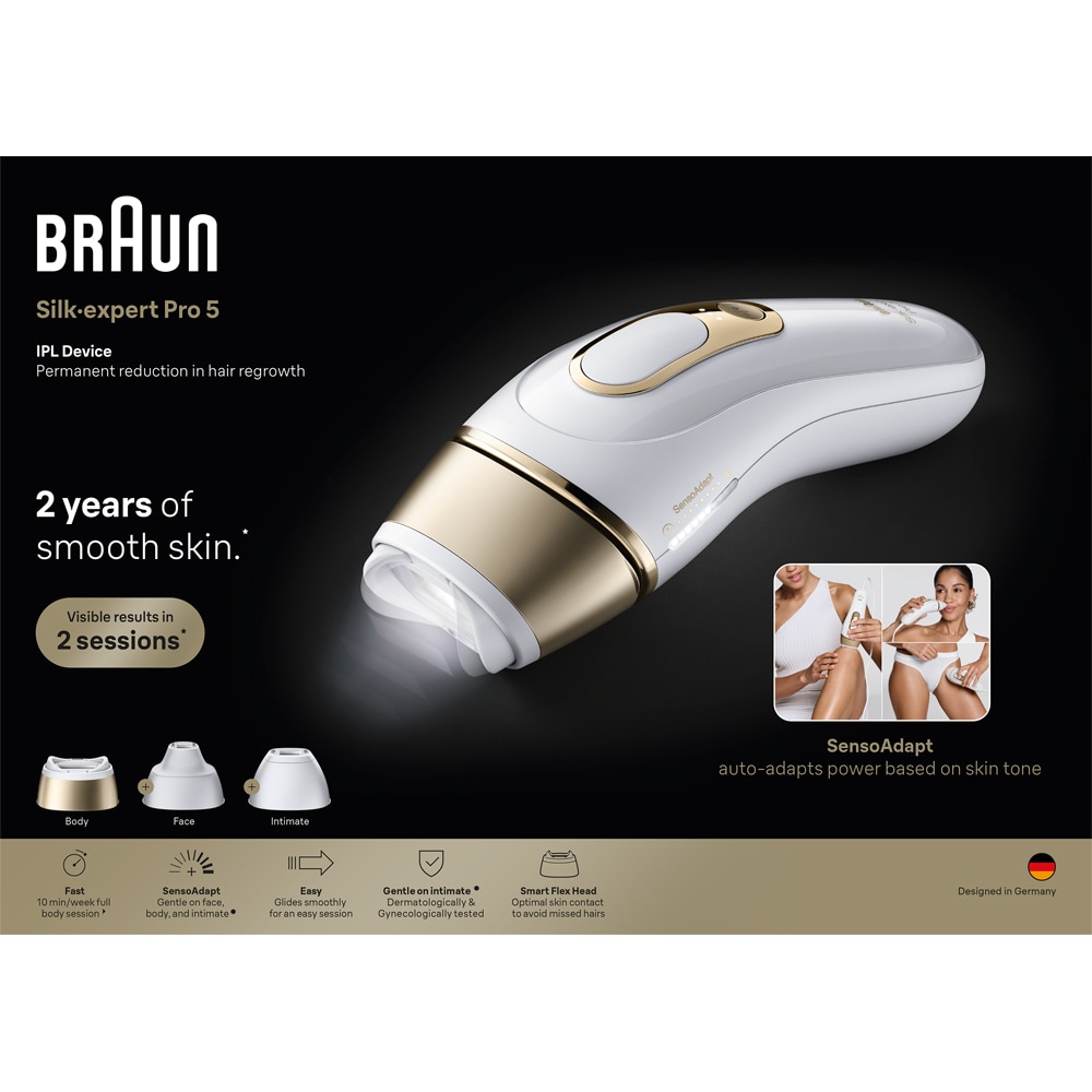Epilator IPL BRAUN Silk-Expert Pro 5 PL5351, 400000 impulsuri, 10 viteze, 3 accesorii, retea, alb