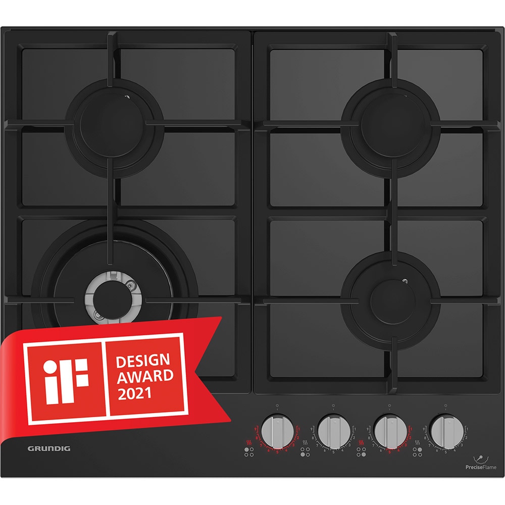 Plita incorporabila GRUNDIG GIGL6254250, Gaz, 4 arzatoare, Wok, negru