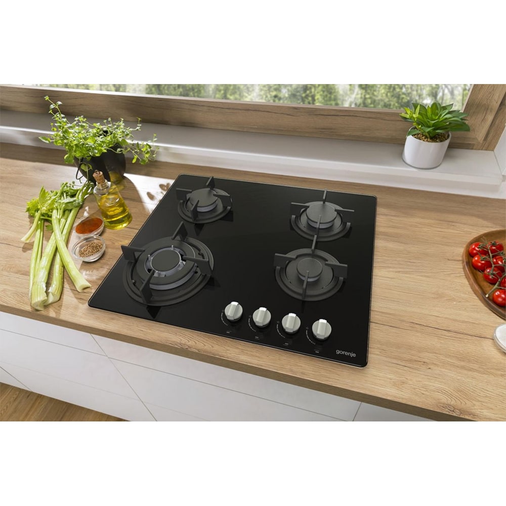 Plita incorporabila GORENJE GTW64B, Gaz, 4 arzatoare, Wok, negru