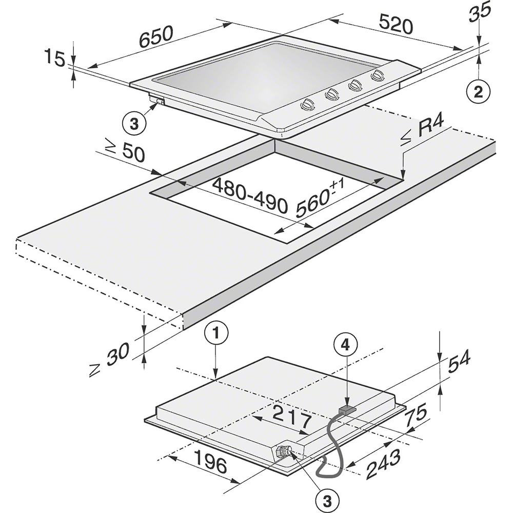 Plita incorporabila MIELE KM 2014, Gaz, 4 arzatoare, Wok, inox