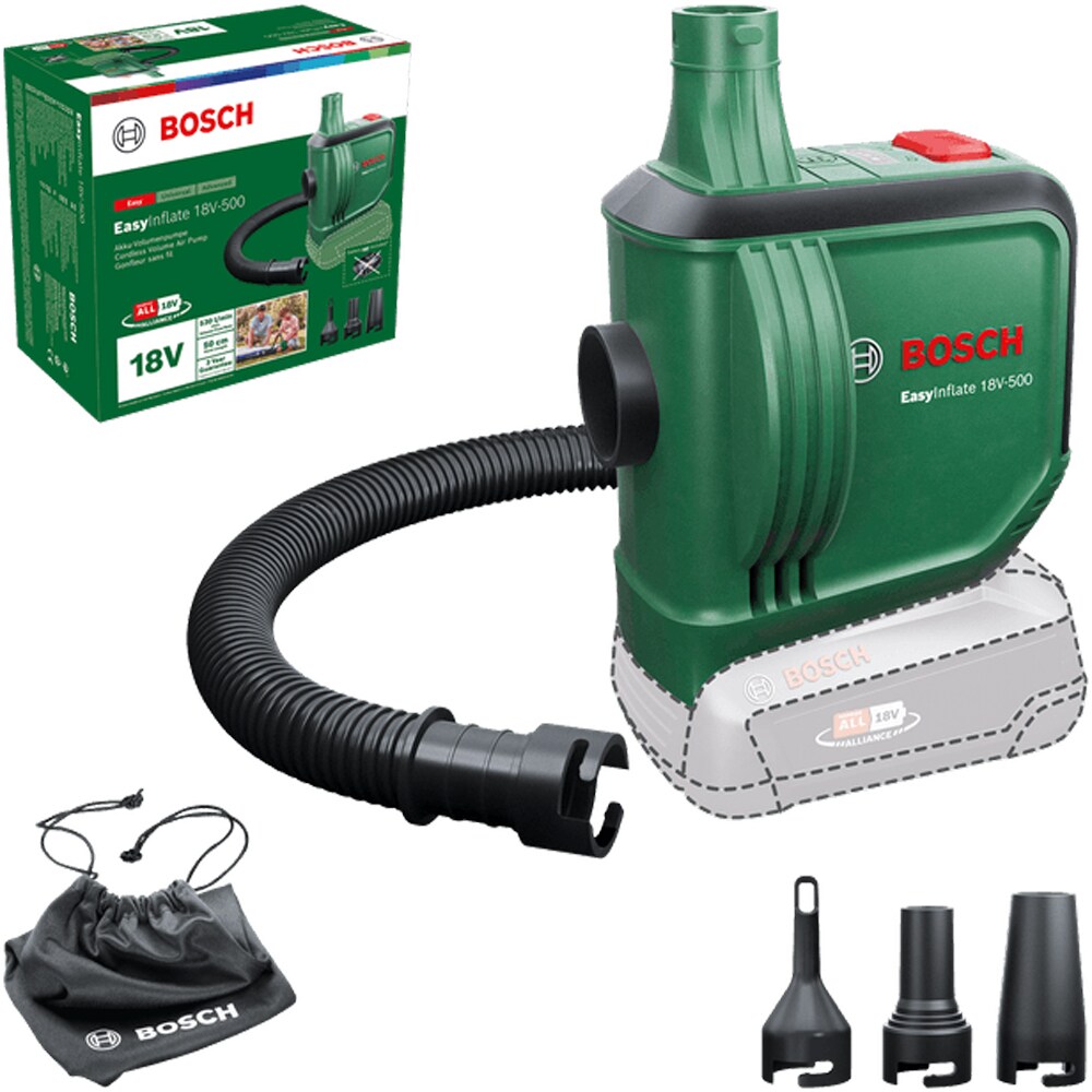 Pompa de aer BOSCH EasyInflate 18V-500, cu acumulator, 0.03 bari, 530 l/min, furtun 50 cm, verde
