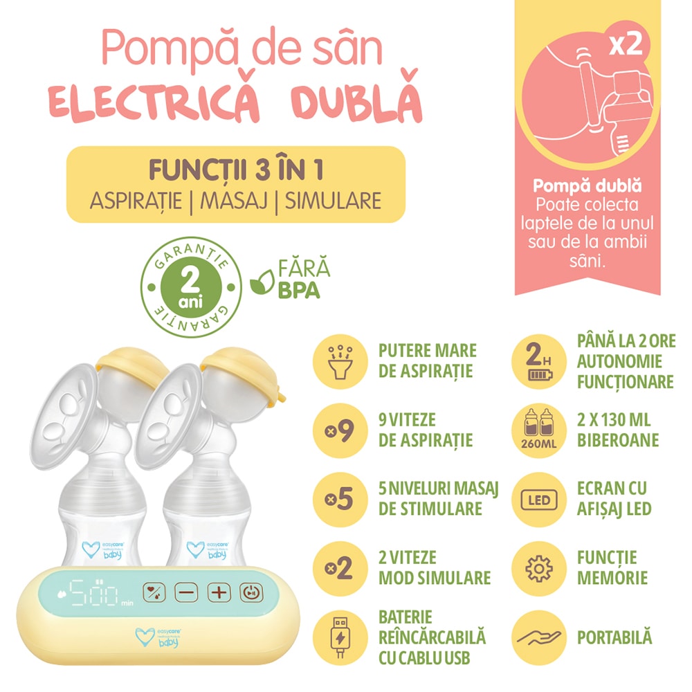 Pompa de san electrica dubla EASYCARE D262, 260ml, galben-verde