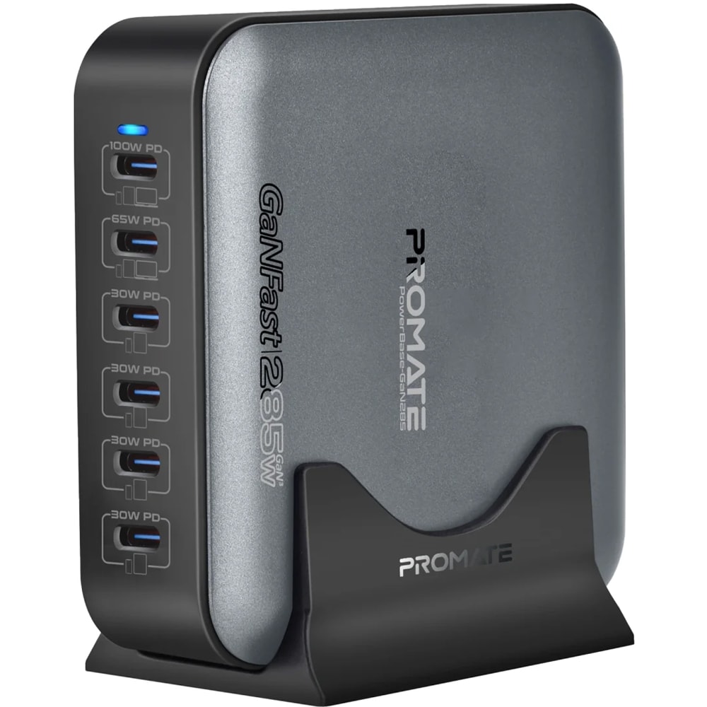 Statie de incarcare multiport PROMATE PowerBase-GaN285, 6x USB-C, 285W, negru