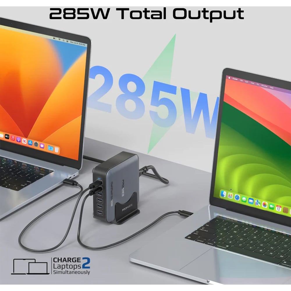 Statie de incarcare multiport PROMATE PowerBase-GaN285, 6x USB-C, 285W, negru