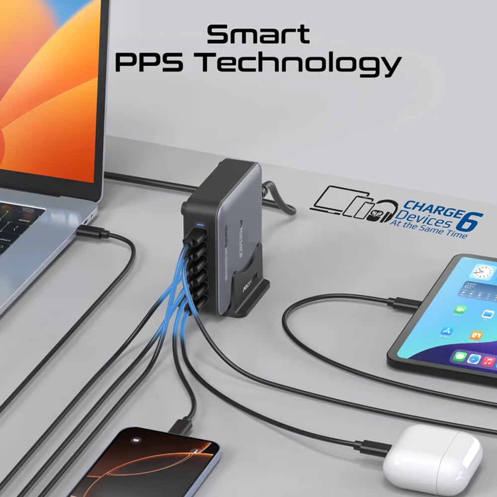 Statie de incarcare multiport PROMATE PowerBase-GaN285, 6x USB-C, 285W, negru