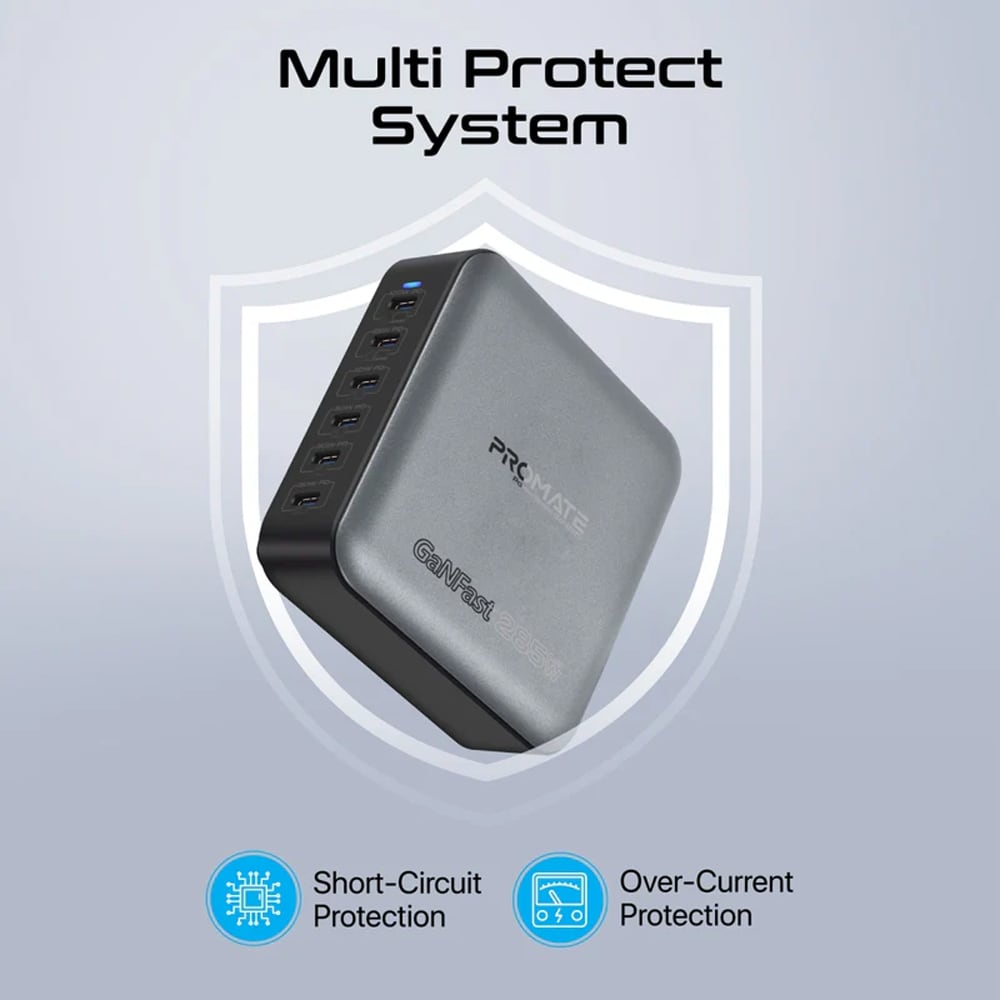 Statie de incarcare multiport PROMATE PowerBase-GaN285, 6x USB-C, 285W, negru