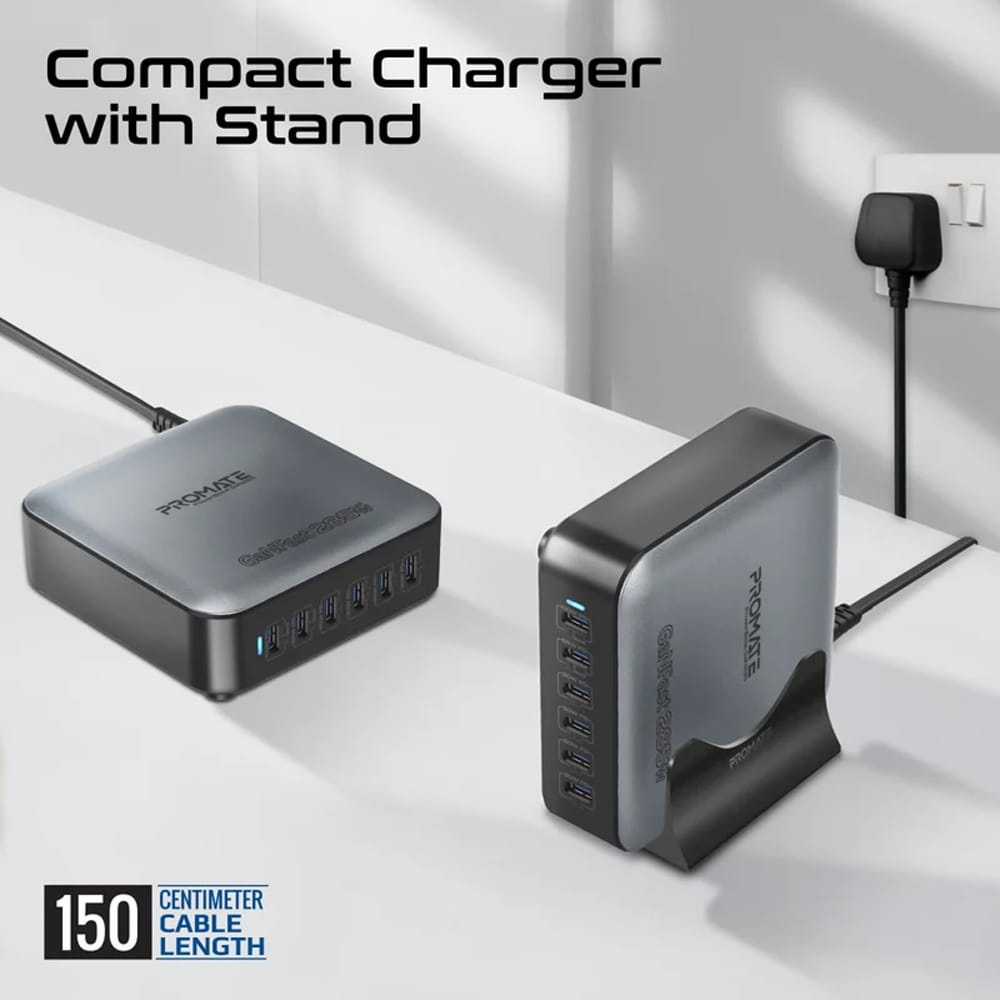 Statie de incarcare multiport PROMATE PowerBase-GaN285, 6x USB-C, 285W, negru