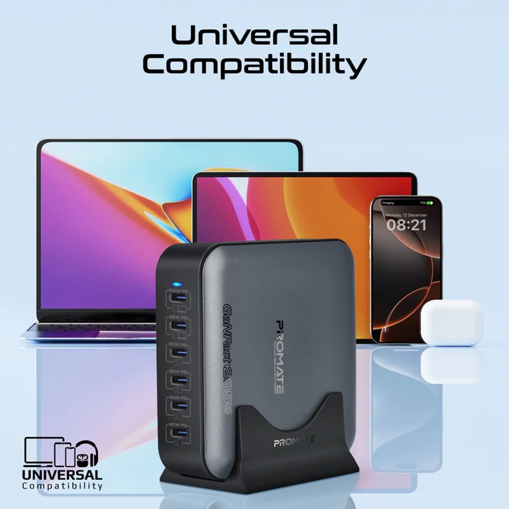 Statie de incarcare multiport PROMATE PowerBase-GaN285, 6x USB-C, 285W, negru