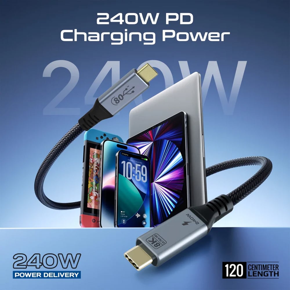Cablu USB-C - USB-C PROMATE PowerBolt5-80G, USB 4, 1.2m, negru-gri