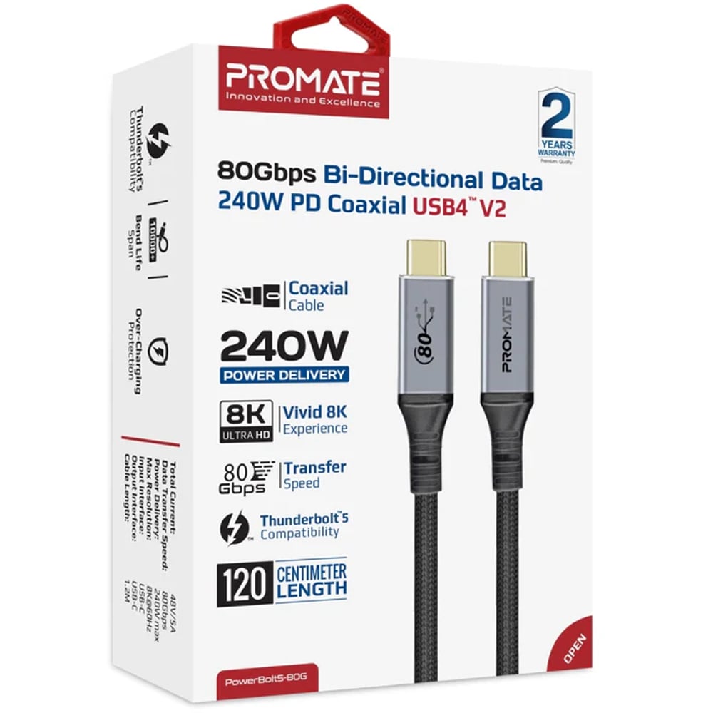 Cablu USB-C - USB-C PROMATE PowerBolt5-80G, USB 4, 1.2m, negru-gri