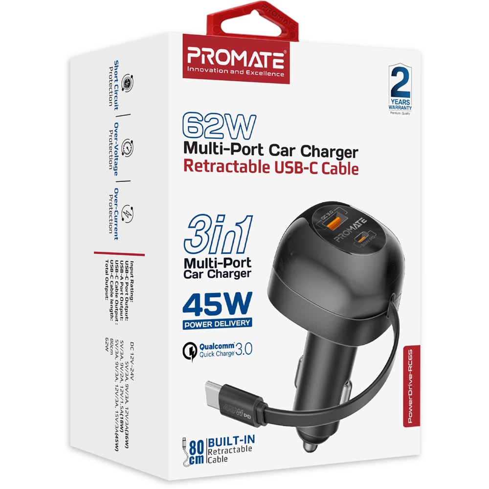 Incarcator auto PROMATE PowerDrive-RC65, 2x USB-C, 1x USB-A, Power delivery (PD) 45W, negru