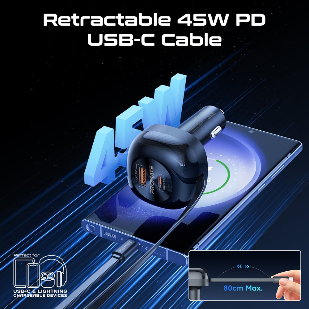 Incarcator auto PROMATE PowerDrive-RC65, 2x USB-C, 1x USB-A, Power delivery (PD) 45W, negru