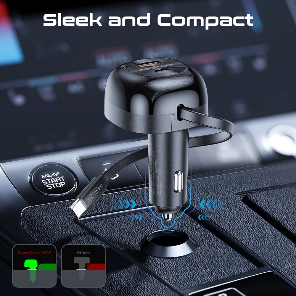 Incarcator auto PROMATE PowerDrive-RC65, 2x USB-C, 1x USB-A, Power delivery (PD) 45W, negru
