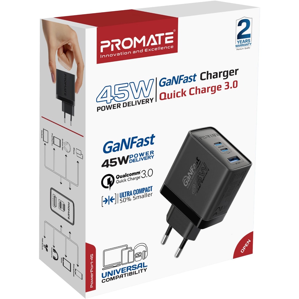 Incarcator retea PROMATE PowerPort-45, USB-C, GaN Fast Charging, Power Delivery (PD) 45W, negru