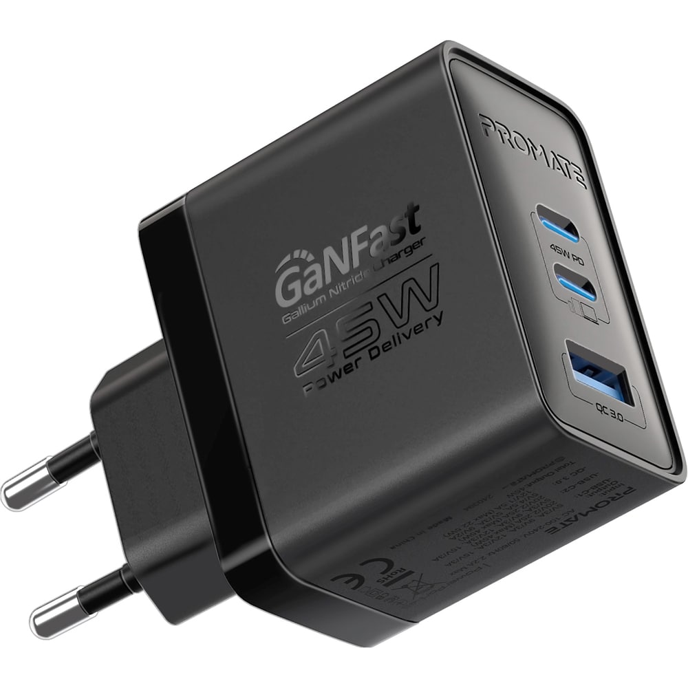 Incarcator retea PROMATE PowerPort-45, USB-C, GaN Fast Charging, Power Delivery (PD) 45W, negru