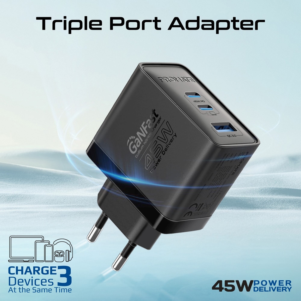 Incarcator retea PROMATE PowerPort-45, USB-C, GaN Fast Charging, Power Delivery (PD) 45W, negru