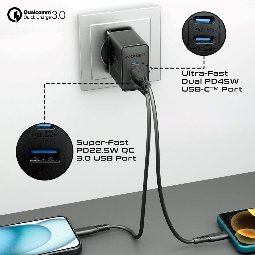 Incarcator retea PROMATE PowerPort-45, USB-C, GaN Fast Charging, Power Delivery (PD) 45W, negru