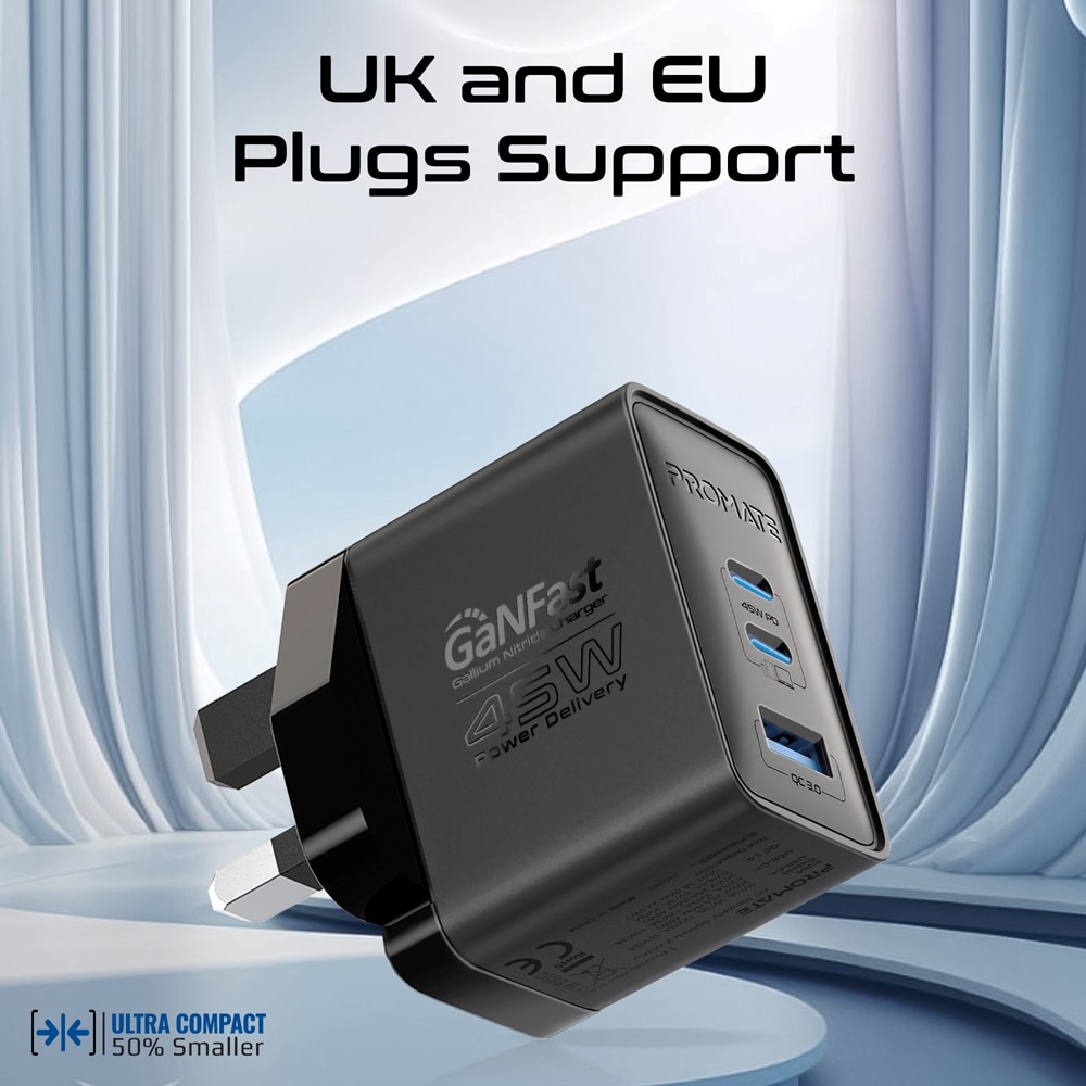 Incarcator retea PROMATE PowerPort-45, USB-C, GaN Fast Charging, Power Delivery (PD) 45W, negru