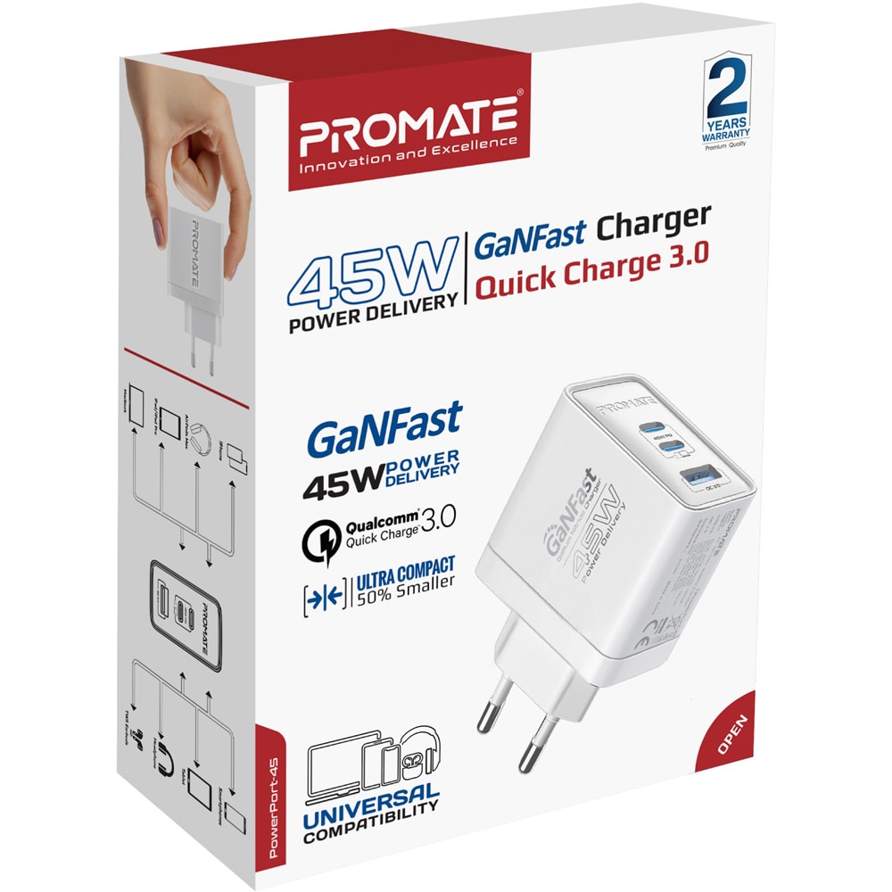 Incarcator retea PROMATE PowerPort-45, USB-C, GaN Fast Charging, Power Delivery (PD) 45W, alb