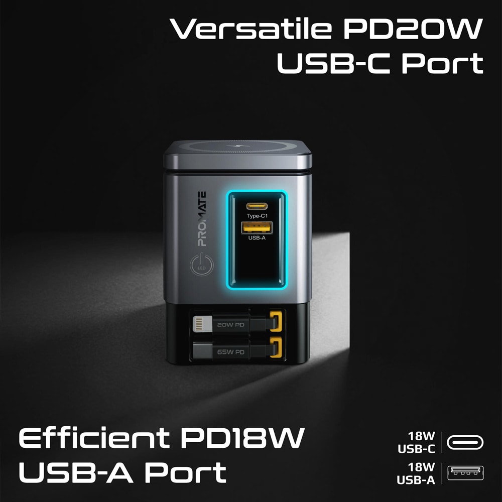 Statie incarcare 6 in 1 PROMATE PowerSync-105, 2xUSB-C Power Delivery 20W, 2xUSB-A Power Delivery 18W, Wireless 15W, negru