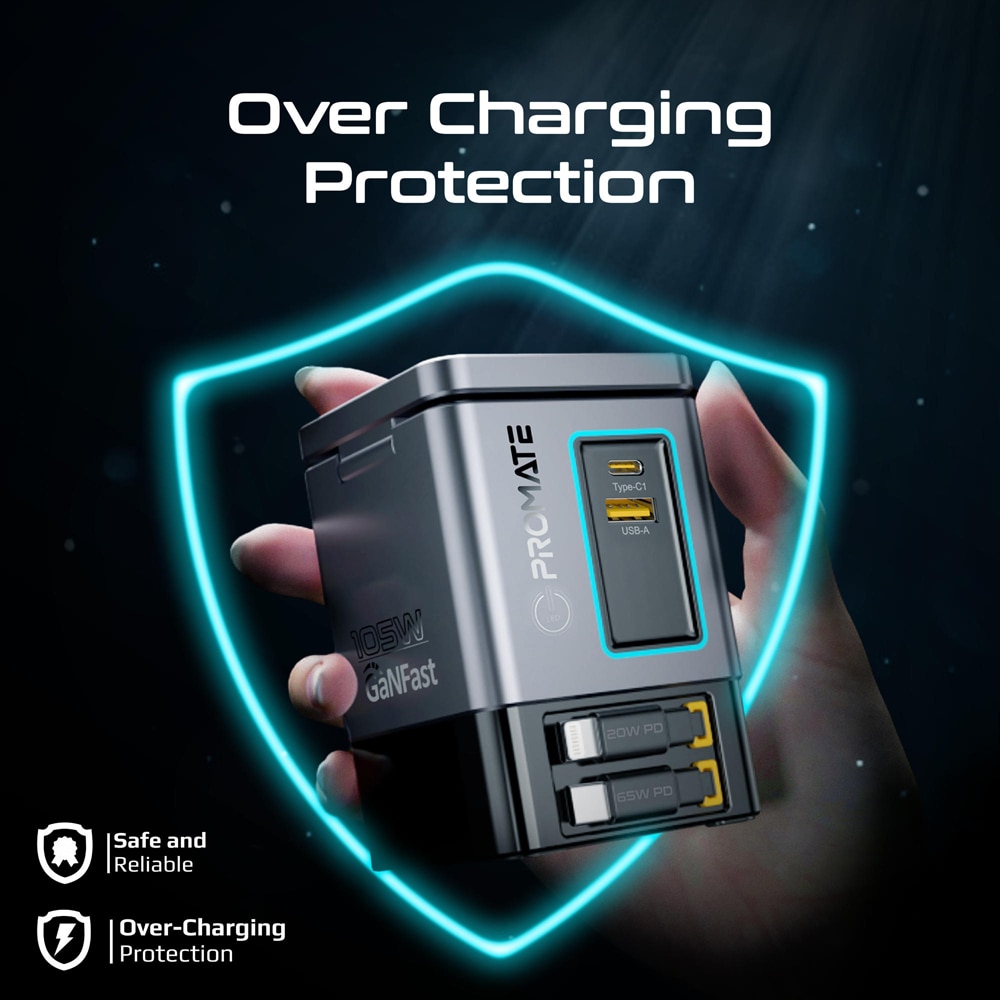 Statie incarcare 6 in 1 PROMATE PowerSync-105, 2xUSB-C Power Delivery 20W, 2xUSB-A Power Delivery 18W, Wireless 15W, negru