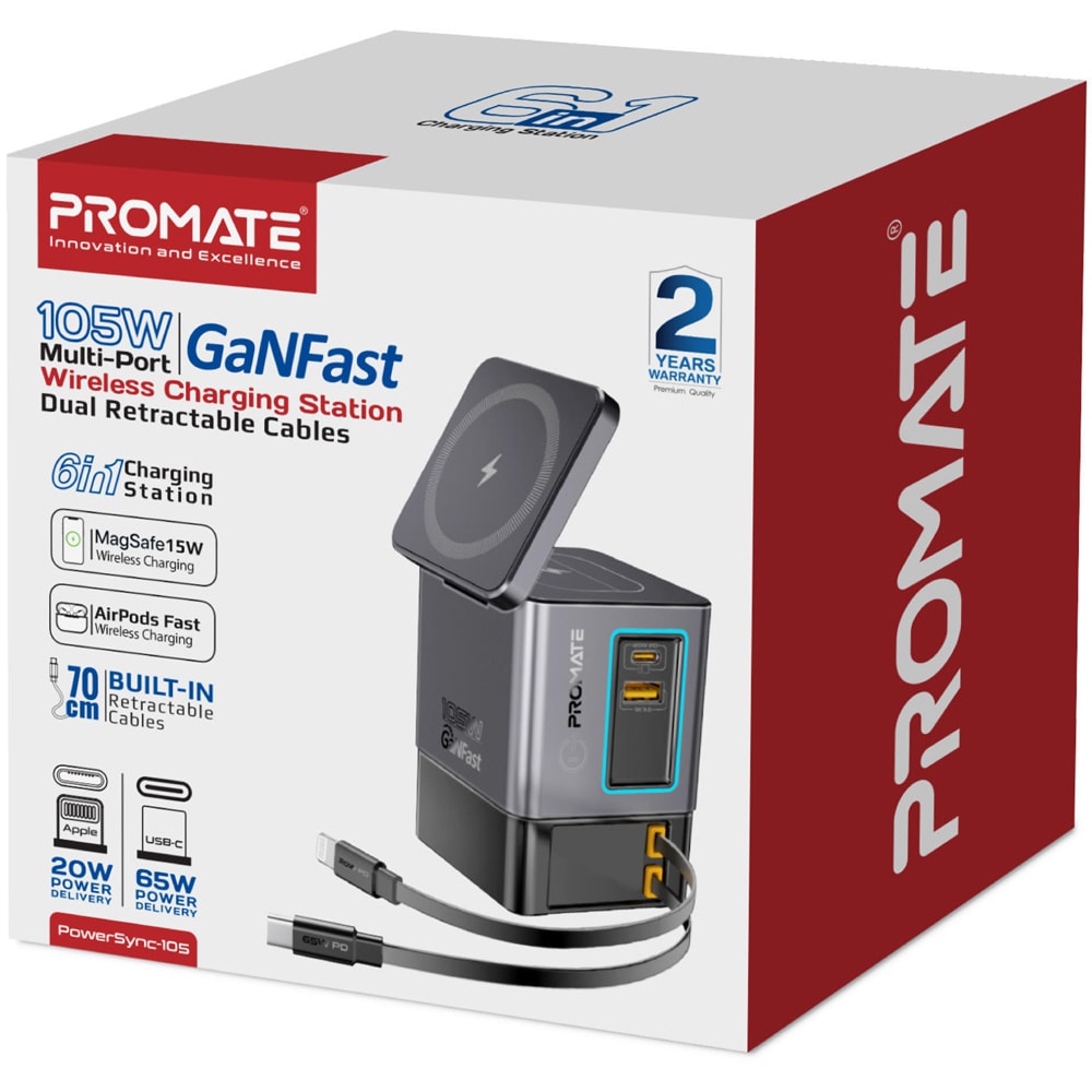 Statie incarcare 6 in 1 PROMATE PowerSync-105, 2xUSB-C Power Delivery 20W, 2xUSB-A Power Delivery 18W, Wireless 15W, negru