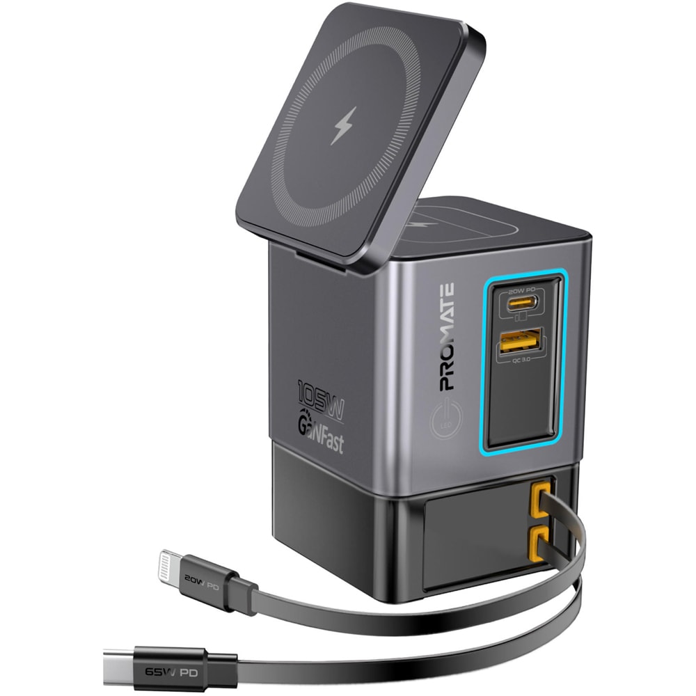Statie incarcare 6 in 1 PROMATE PowerSync-105, 2xUSB-C Power Delivery 20W, 2xUSB-A Power Delivery 18W, Wireless 15W, negru