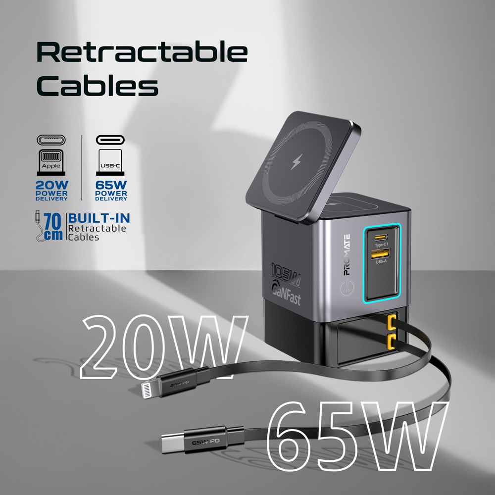 Statie incarcare 6 in 1 PROMATE PowerSync-105, 2xUSB-C Power Delivery 20W, 2xUSB-A Power Delivery 18W, Wireless 15W, negru