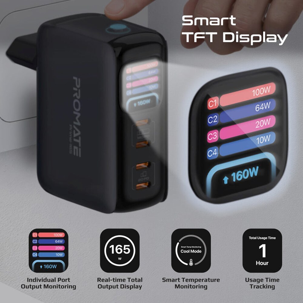 Incarcator retea PROMATE Prime-165, 4x USB-C, negru