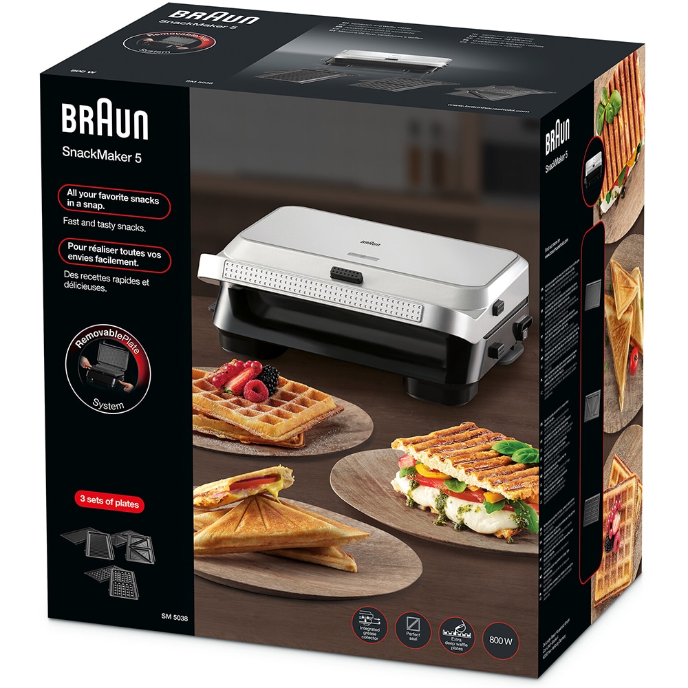 Sandwich maker BRAUN SnackMaker 5 SM5038, 800W, 3 placi detasabile, argintiu-negru
