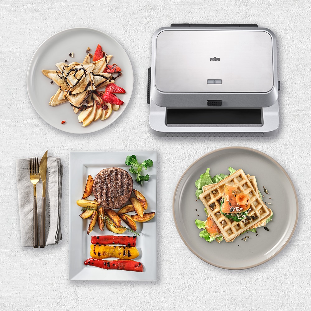 Sandwich maker BRAUN SnackMaker 5 SM5038, 800W, 3 placi detasabile, argintiu-negru