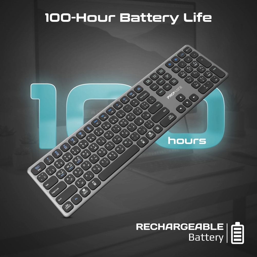 Tastatura Bluetooth PROMATE ProKeys-X2, USB, Bluetooth, Layout US, argintiu
